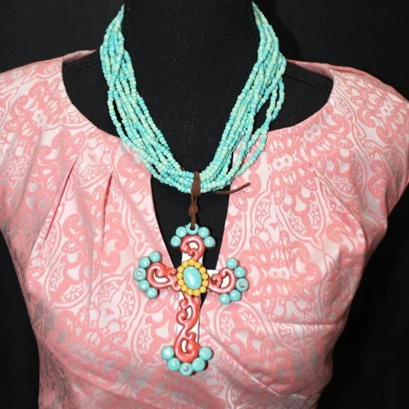 Beautiful Turquoise & Orange Large Cross on Leather Tied to Multi Bead Necklace - Picture 4 of 11